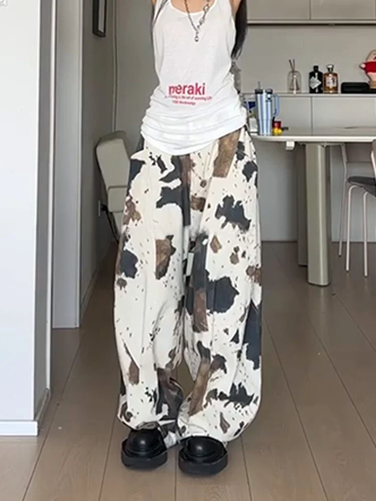 الأمريكية الرجعية الساخن فتاة تصميم المشمش البقرة نمط الجينز فضفاض واسعة الساق الطابق طول السراويل عارضة عالية الخصر الدنيم للنساء