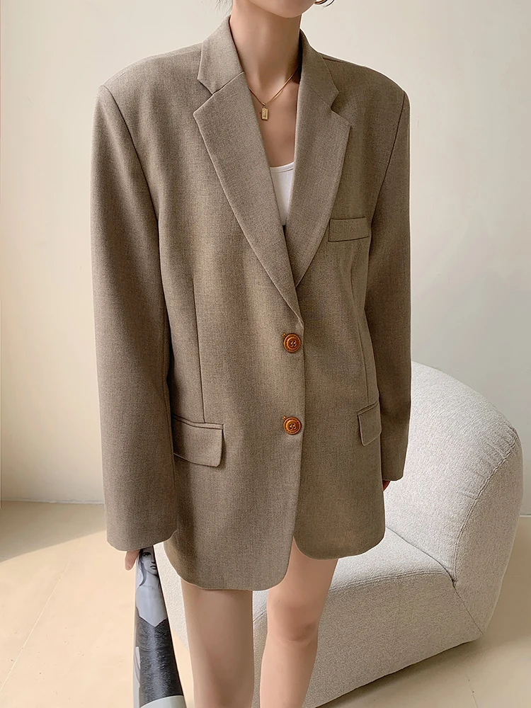 [LANMREM] Office Lady Loose Blazers For Women Single Breasted Khaki Temperament Jackets Fashion 2024 Autumn New Coat CP3087