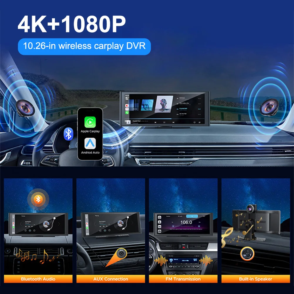 

4K Apple Carplay & Android Auto Car Play Screen with 4K Dash Cam/1080p Rear Camera/Bluetooth/Mirror Link/AirPlay - 10.26 inches