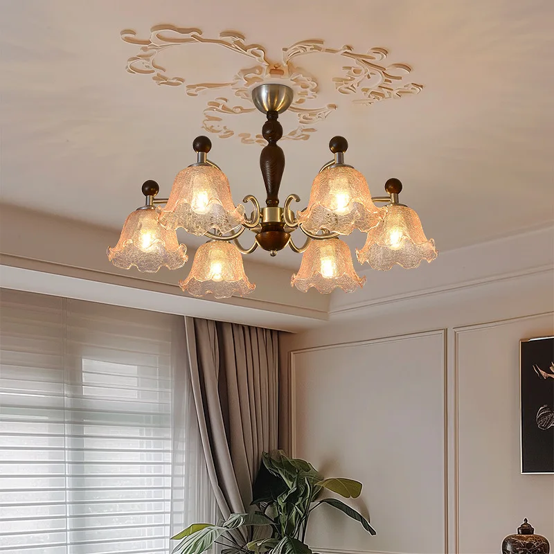 French Retro Ice Crack Flower Shape Glass Chandeliers Iron Art Pendant Light Living Room Bedroom Study Hotel Wooden Hanging Lamp