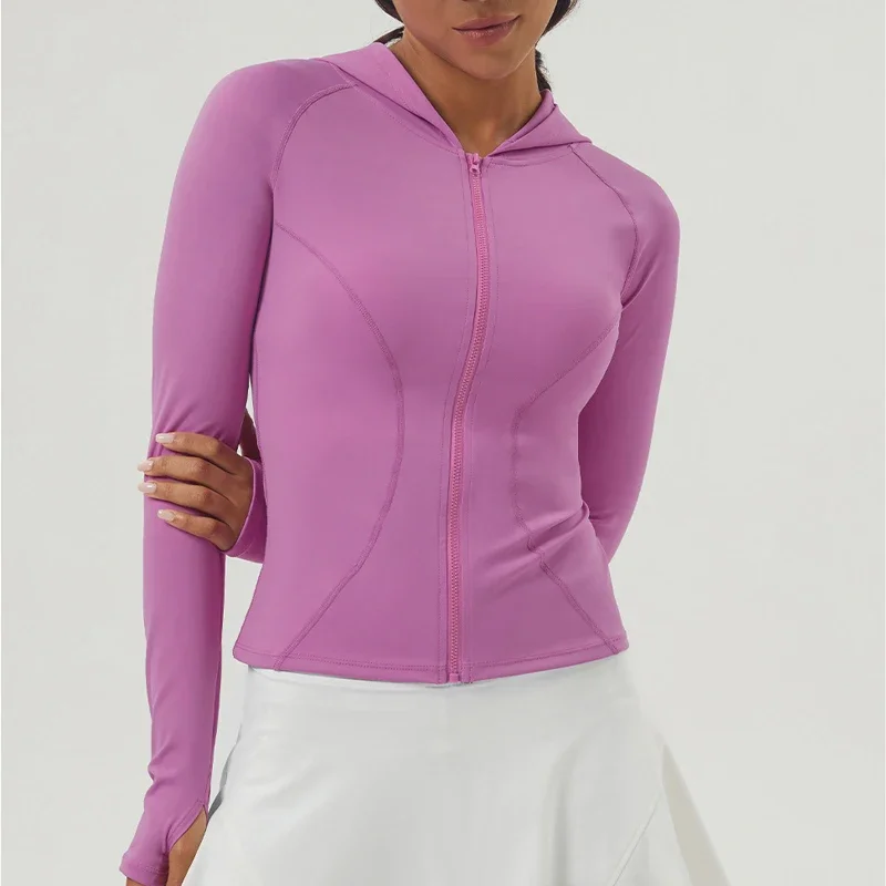 Женская уличная куртка для бега, однотонная приталенная толстовка с длинным рукавом на молнии, спортивная толстовка с капюшоном, женская дышащая одежда для тренировок