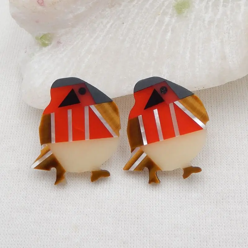 New Design!2Pcs Red River Jasper,Red Agate,Tiger's Eye,Hematite,Obsidian,Shell Bird Shape Intarsia Cabochons,25x20x2mm 4g