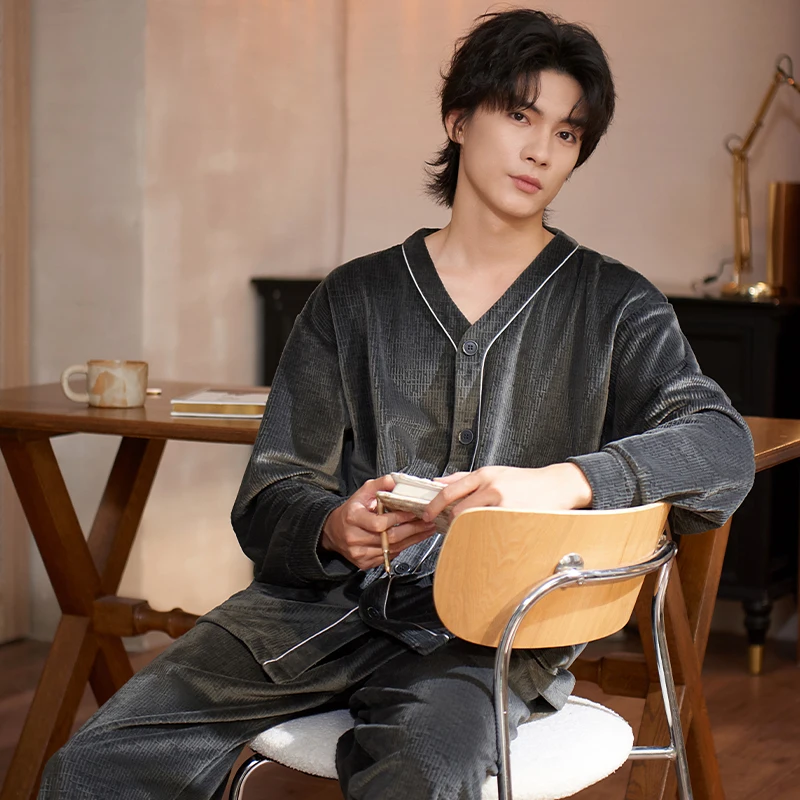 Autumn Winter Men Island Fleece Pajama Set V-Neck Cardigan Pajamas Sleepwear Keep Warm Flannel Pyjamas Male Home Clothing L-XXXL