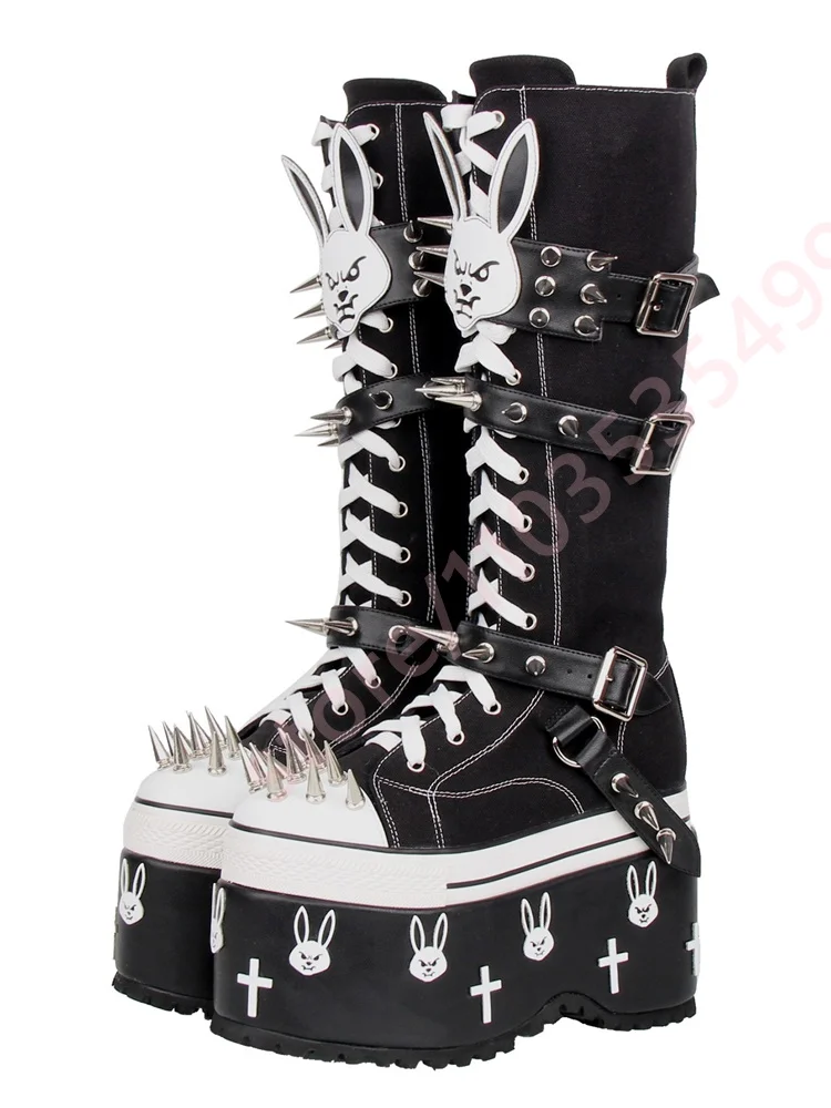 Thick Sole Rabbit Studded Canvas Boots 2026 New Belt Buckle Round Rock Y2K Motorcycle Boots Fashion Party Casual Gothic Stage Bo view 3