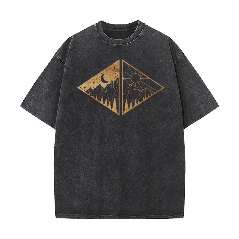 Slogan Tops Tees Summer Funky Crew Neck Pure Cotton Washed T Shirt Mens Washed Retro T Shirts Rectangular Golden Mountain