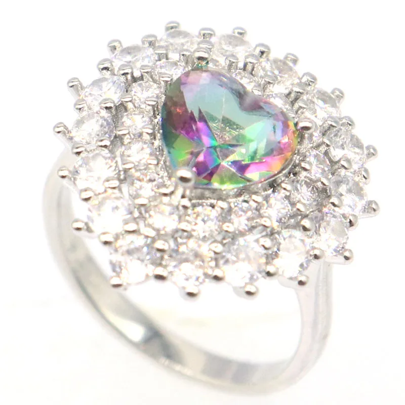 Buy 4 Get 1 Free 19x19mm Jzaza Heart Shape Fire Rainbow Mystic Topaz Pink Kunzite CZ Women Silver Rings