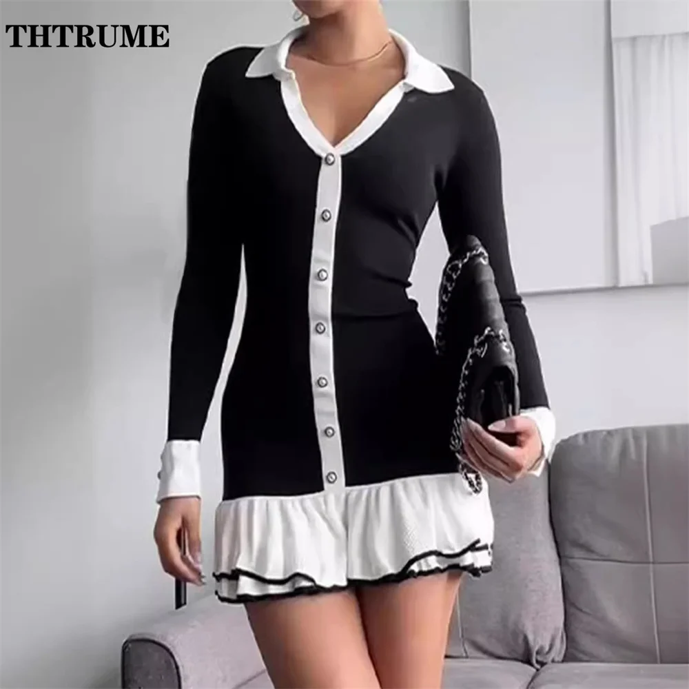 Sexy V-Neck Knit Dress Fashion Women Single Breasted Autumn Long Sleeve Ruffled Mini Dress Casual Lapel Elegant Office Vestidos