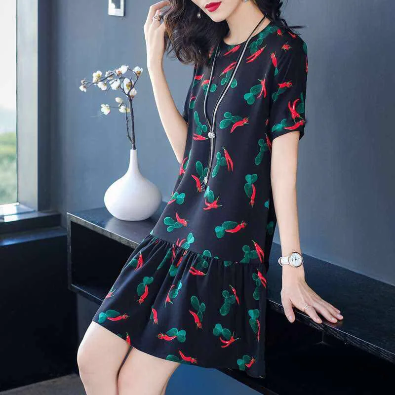 Fashion Loose Printed Folds Korean Mini Dress Women\'s Clothing 2023 Summer New Oversized Short Sleeve Office Lady Floral Dress