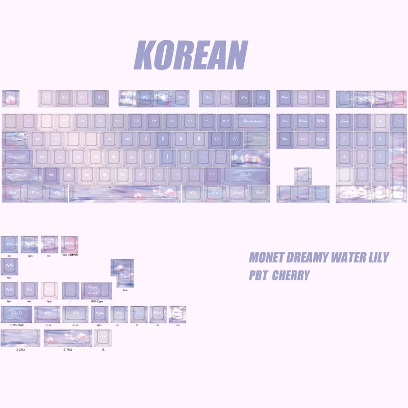 korean Purple Keycap 130Key Monet Dreamy Water Lily KR keycap Pbt Cherry Sublimation DIY Side-Engraved Translucent Hangul Keycap