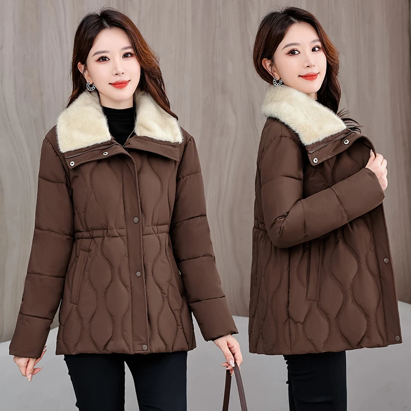 

Winter Cotton Padded Jackets Thick Fleece Velvet Slim Waist Women's Down Coats Long Sleeve Solid Patchwork Casual Female Outwear