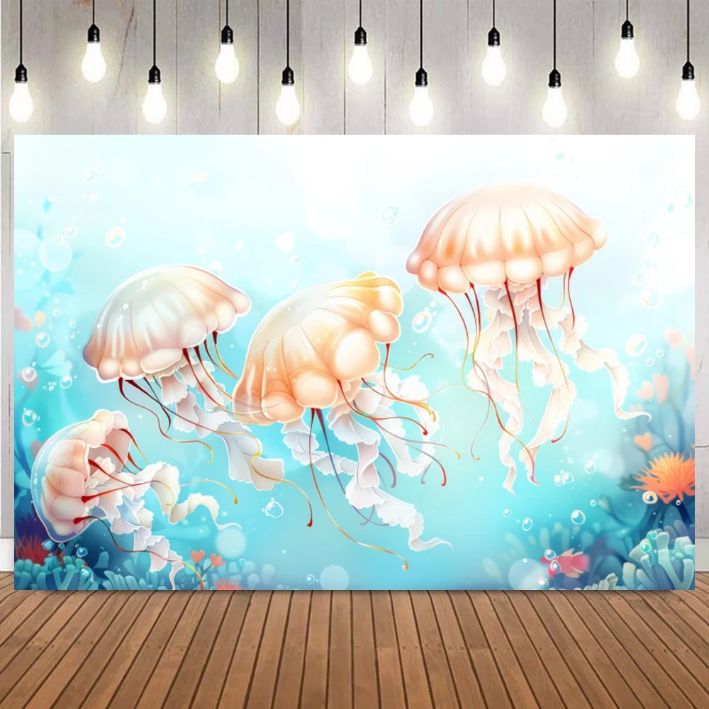 Vibrant Marine Life Dreamy Themed Backdrop Coral Jellyfish Dolphin Mermaid Baby Shower Portrait Birthday Party Photo Background
