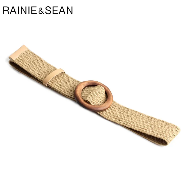 

RAINIE SEAN Women Belt Bohemian Straw Braided Wide Belt for Women Wood Buckle Ladies Dress Belt Fashion Female Strap Accessories