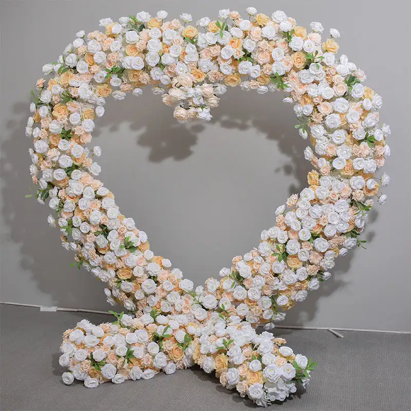 3D custom series White Champagne rose Green leaf artificial mixed flowers Love shaped arch wedding banquet event decoration