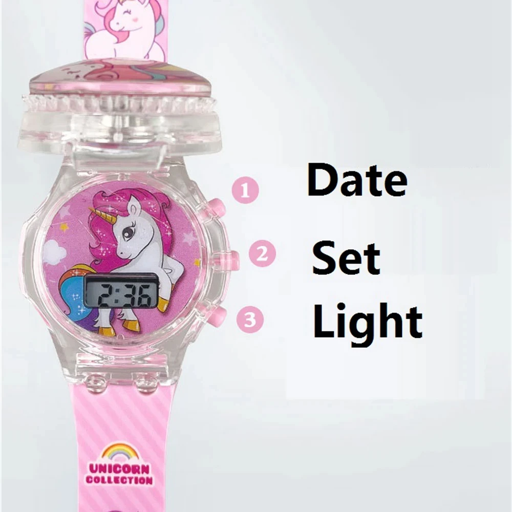 Cute Cartoon Kids Watch Electronic Revolve Flash Light Music Girls Children Wrist Watches Digital Unicorn Party Gifts Toy Clock