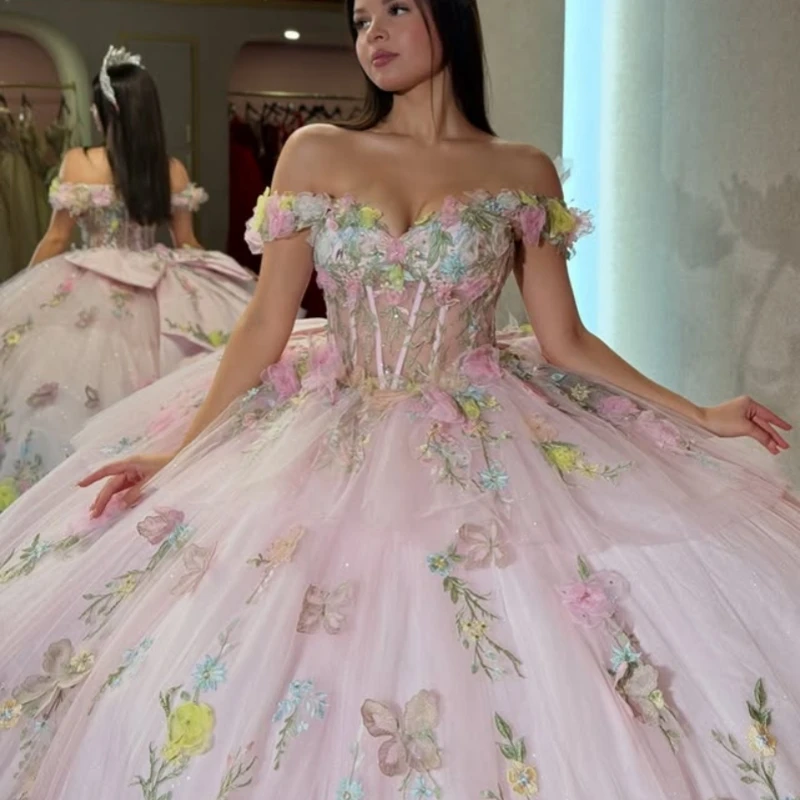 

Customized Pink Quinceanera Dresses Off the Shoulder sequin applique 3D flower layering Long tail Vestido 15 Quinceanera