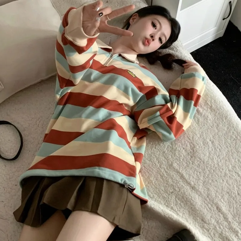 Neploe Retro Sweet Rainbow Striped Sweatshirts Mujer E-Girl Lapel Neck Zipper Tops Women Y2k All-match Long Sleeve Sweatshirt