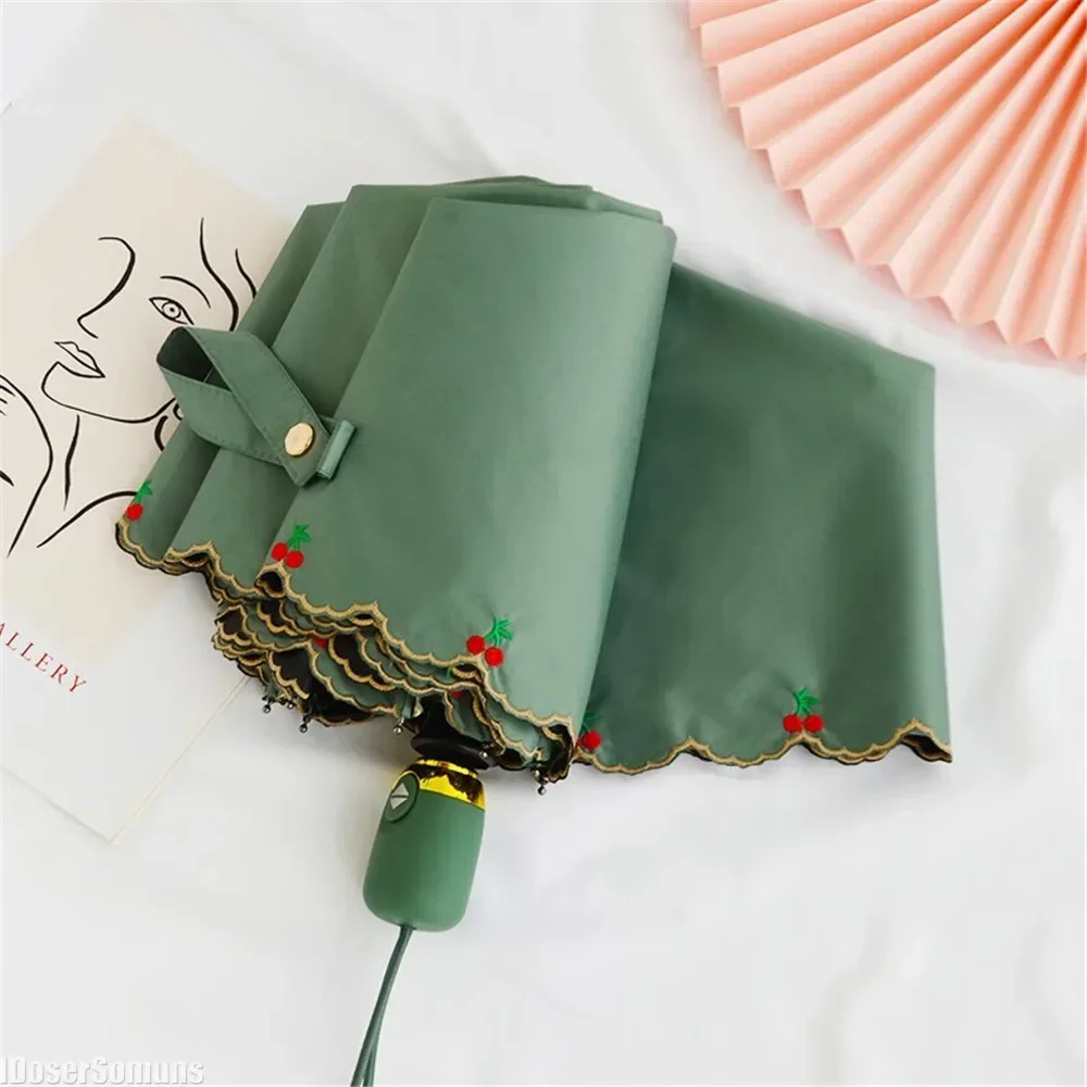 

2026 Embroidered Lace Three-Folding Automatic Umbrella Vinyl UV Protection Sunny and Rainy Dual Use Parasol Sun Shade Umbrella