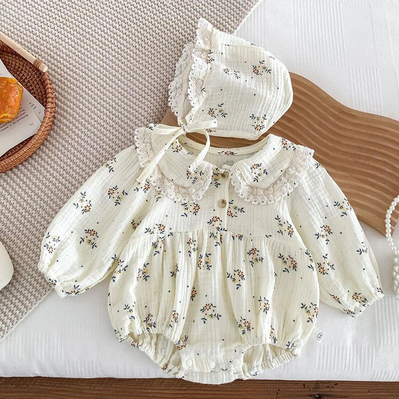 Autumn Spring Children Clothes Korean Style Climbing Suit Long Sleeved Cotton Floral Printing Newborn Baby Girls Bodysuits+Hat