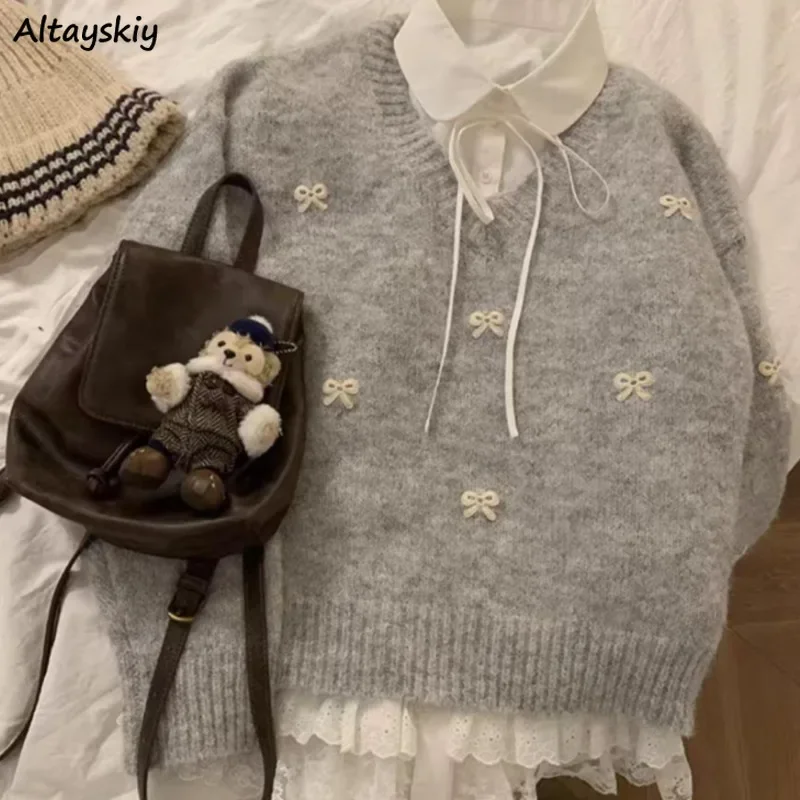 

Pullovers Women Bow Chic Cute Girls Knitted V-neck Long Sleeve Korean Style Warm Autumn Winter Ins Students All-match Streetwear