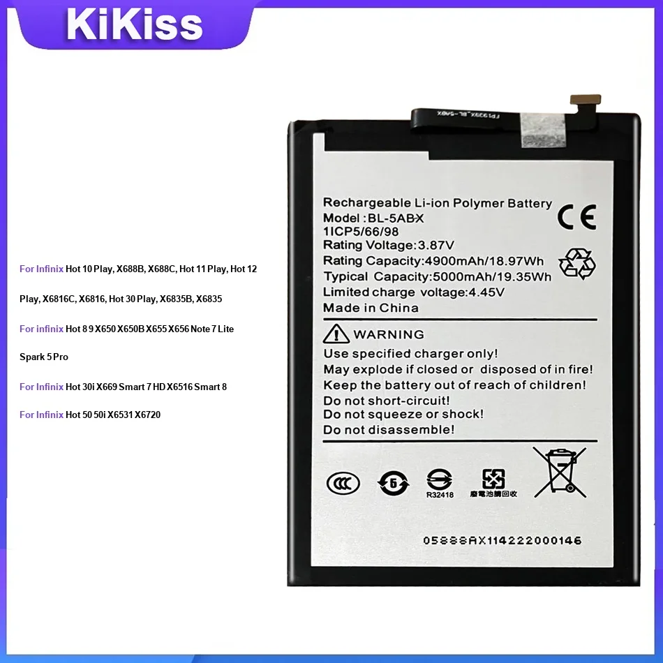 

Battery For Infinix Hot 10 Play, X688B, X688C 8 9 X650 X650B 30i X669 Smart 7 50 50i X6531 X6720 BL-58BX BL-49FX BL-49NX