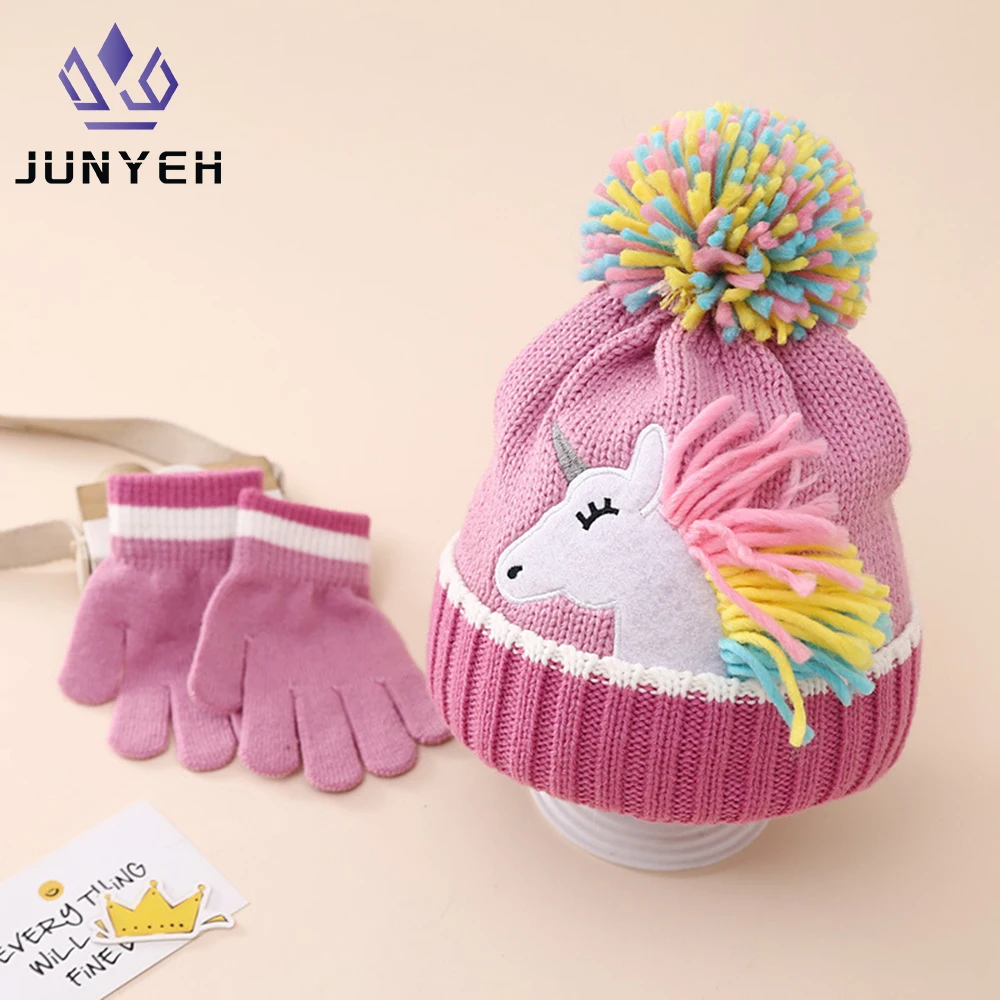 Children's Winter Set Cartoon Unicorn Knitted Hat Gloves Set Winter Girls' Warm Beanie Mitten Set For Kids 2-6 Years