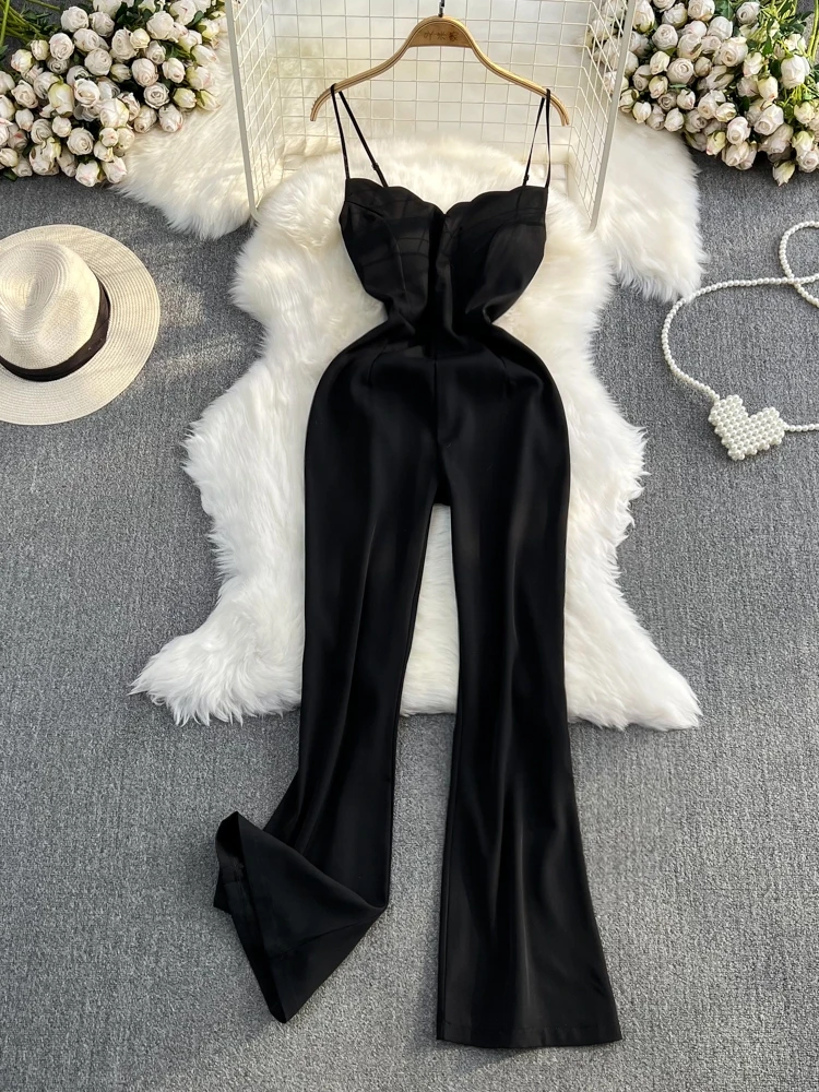 Women Elegant Black Playsuits Summer Sexy V-neck High Waisted Jumpsuit Female Loose Flared Wide Leg Long Pants Romper