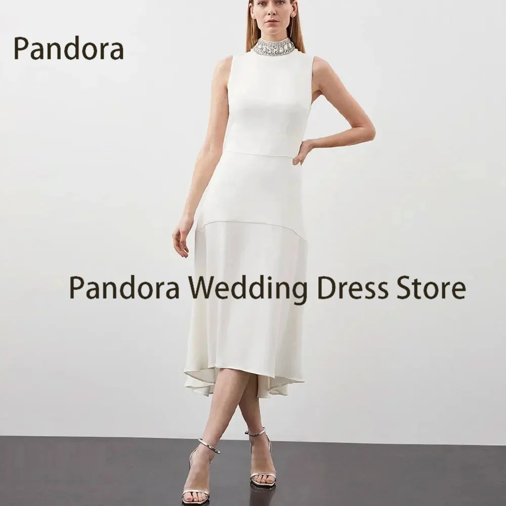 Pandora Luxurious sleeveless turtleneck evening gown Crystal A-line and Tea-Length Arabian women's party birthday party dress