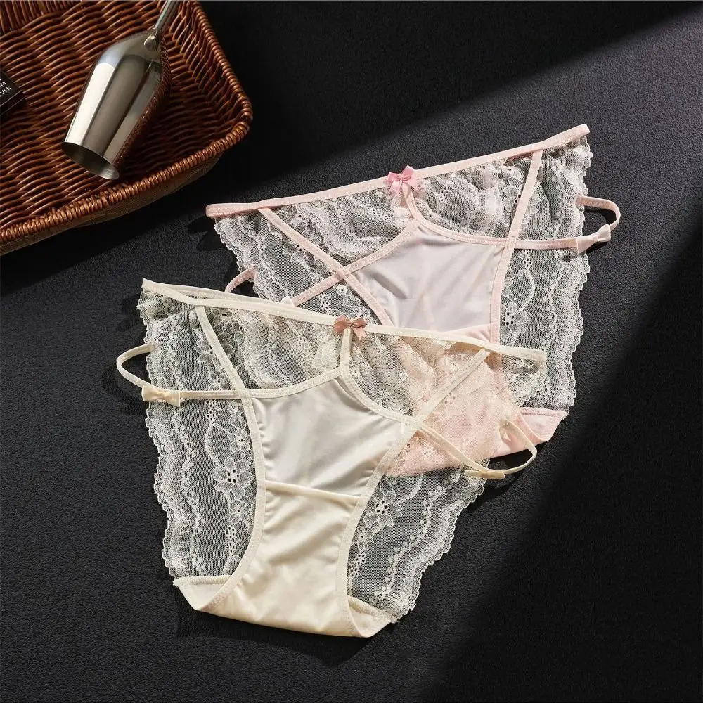 

Bow Lace Bowknot Briefs Low-Waist Cotton Crotch Lace Tied Up Underpants Transparent Female Lingerie Mesh Hollow Panties Women
