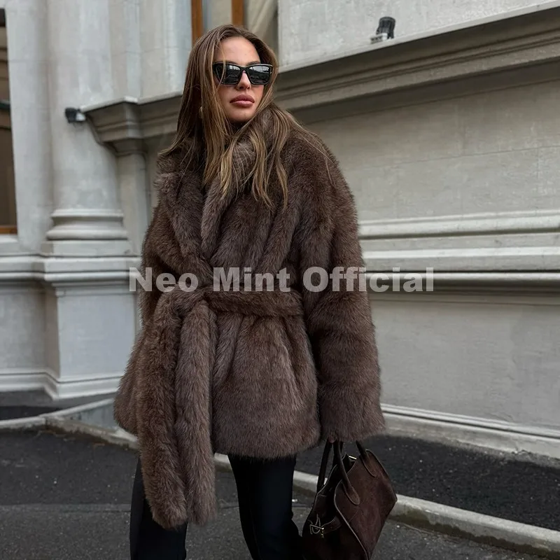 Neo Mint Winter 2026 New Stylish Mocha Brown Belted Wrap Fur Coat Women Street Fashion Girls Fluffy Faux Fox Fur Jacket Overcoat