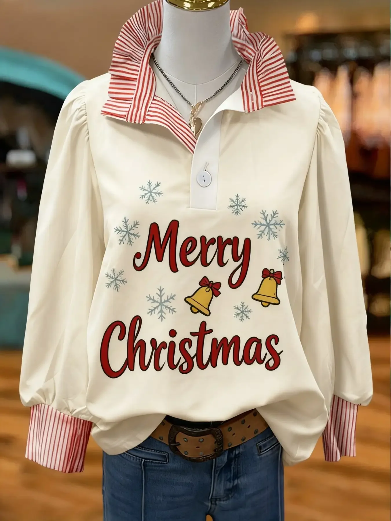 2026 Women's striped shirt with multi-color striped collar and half button shirt with Perris pattern retro floral print women's 