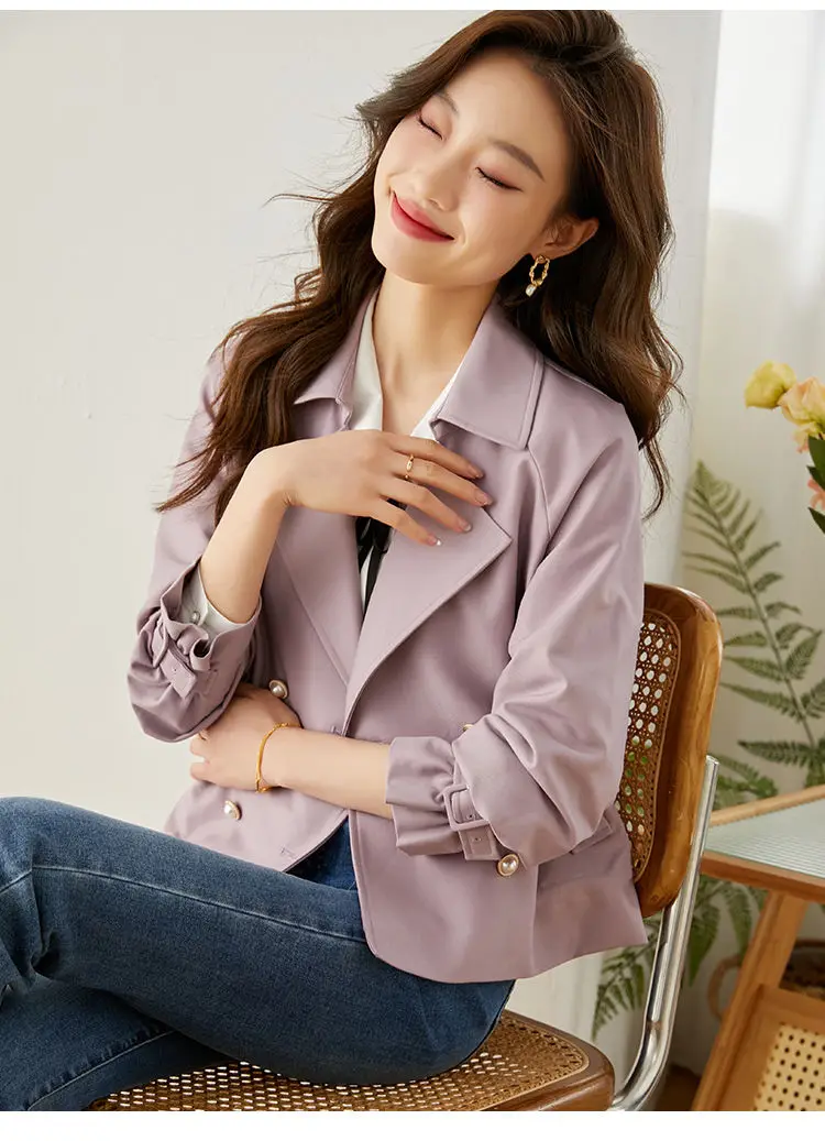 2023 Spring Autumn New Short Purple Windbreaker Women Casual Loose Female Outwear Trench Jacket