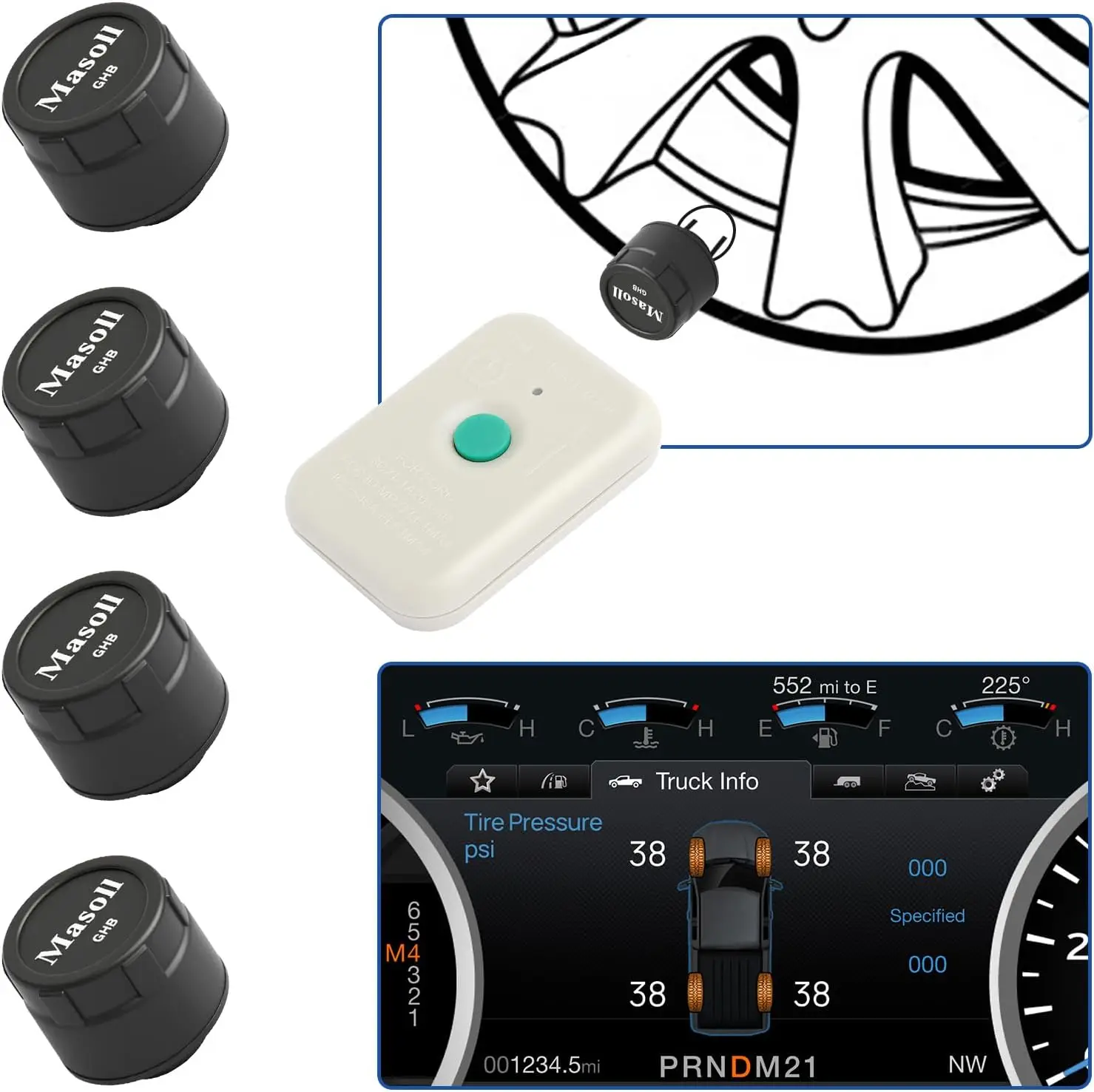 

Универсальный комплект из 4 датчиков TPMS с инструментом для перепрограммирования для внешнего контроля давления в шинах