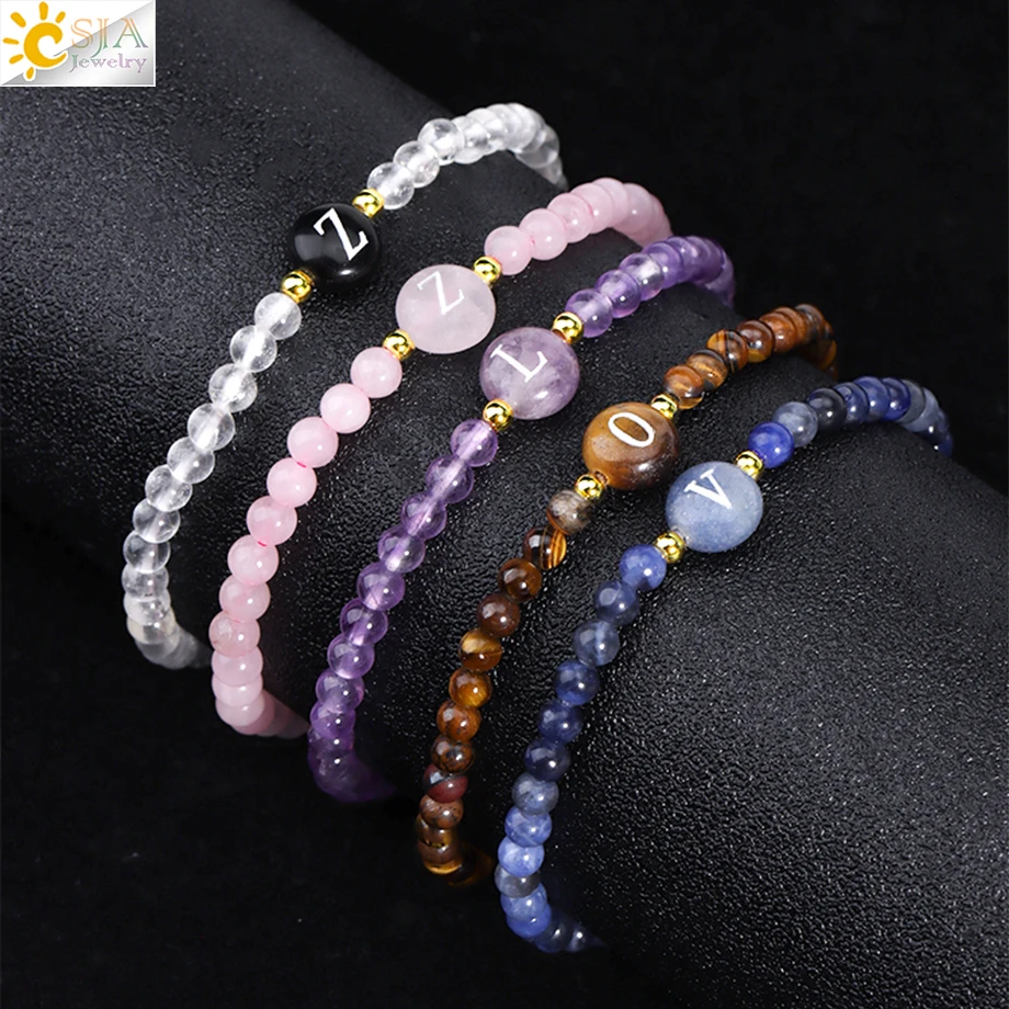 Pulsera con Letras Iniciales de la A a la Z para Mujer, Mini Pulseras Hechas a Mano con Cuentas de Piedra Natural de 4 mm, Joyería de Cristal de Cuarzo Rosa Curativo H362