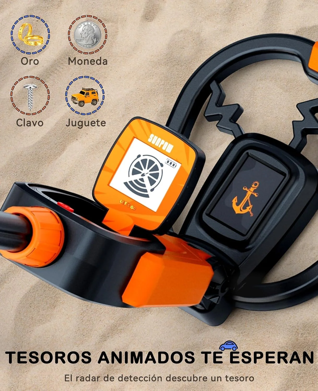 SUNPOW Kids Metal Detector Kit, Treasure Animation Display & Waterproof Coil, Adjustable Stem 60‑70cm, Lightweight Beginner Gold Detector with Shovel, Rake & Carry Bag, Outdoor Treasure Hunting Toy Gift for Boys Girls 6‑12, Beach Park Backyard MD20