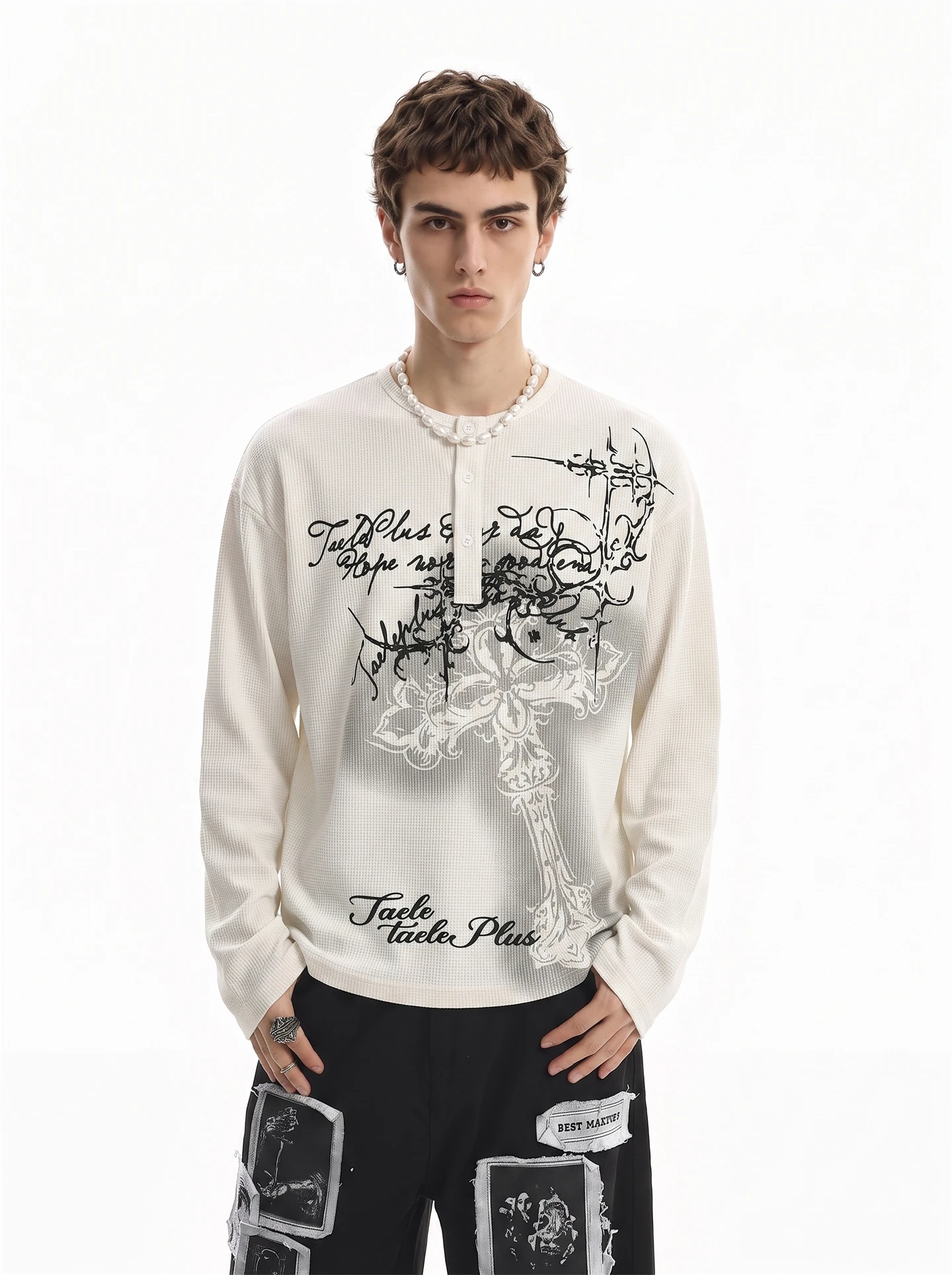 BETEBULE American Subculture Print Long Sleeve T-Shirt Men's Vintage Short Wide Waffle Pattern Upper Body Loose Fit Autumn Wear
