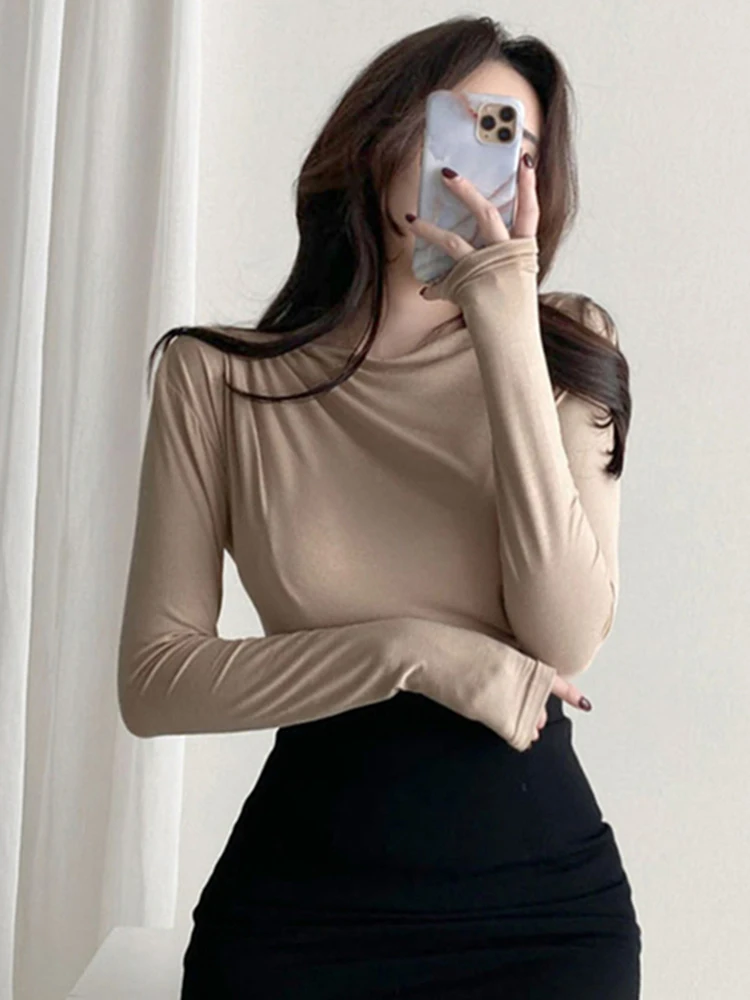 

2024 T Shirt Women Basic Cotton Long Sleeves Tee Shirt Elasticity Korean Style blusa mujer Sexy Thin Solid T-shirt Female Top