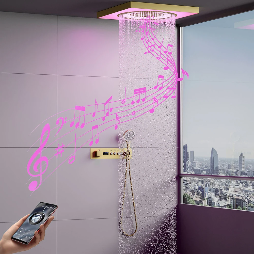 600*600mm Brushed Gold Shower Set with LED Lights Music Rain Shower Head Digital Display Intelligent Thermostatic Mixing Valve