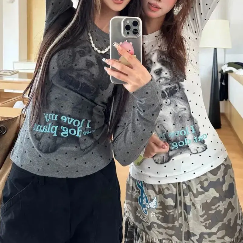 

Female Clothing Hotsweet Printed T-shirts American Retro Polka Dot Puppy Autumn O-Neck Slim Fashionable Long Sleeve Pullovers