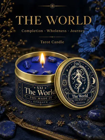 EVODUCK The World Tarot Candle with Blue Crystal Stones, Blue Wax Scented Gold Tin Candle, Completion Wholeness Journey Spiritual Ritual Candle for Meditation, Achievement Milestone, Celestial Decor, Graduation Farewell Travel Gift for Women Men