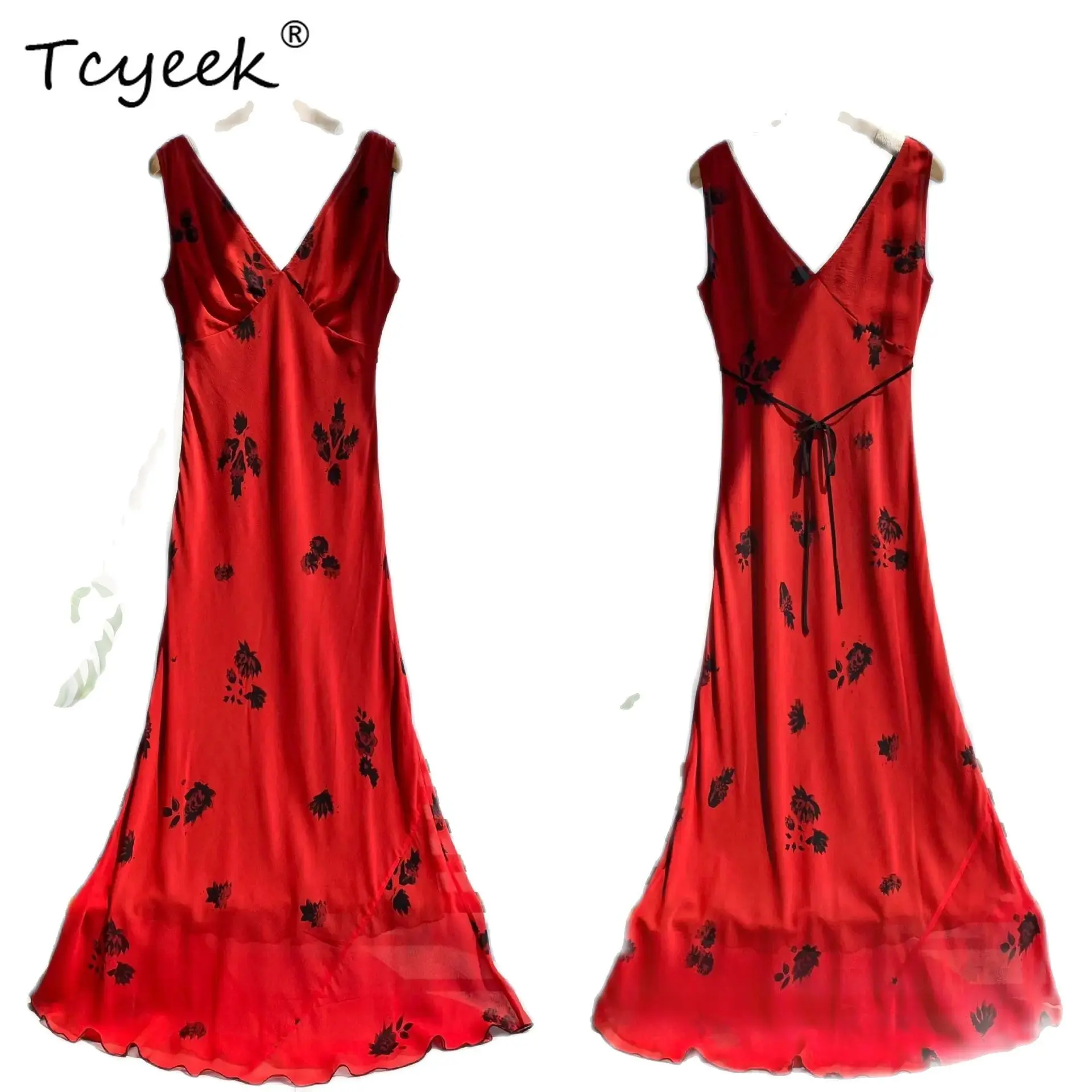 

Tcyeek,100%Real Silk Elegant Dress, Women Deep V Neck Sleeveless Rose, French Sexy Vacation Dresses, 2024 Summer New D458132QC