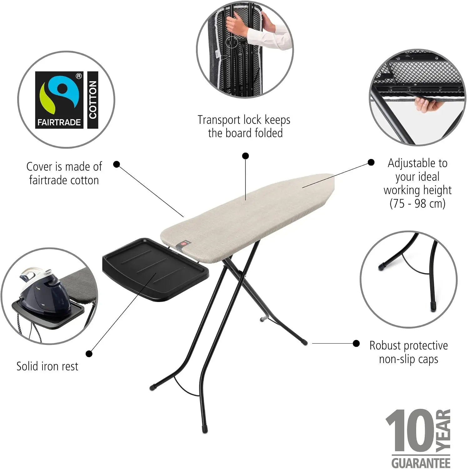 Brabantia Comfort Ironing Board with Solid Steam Generator Rest | Medium (Size B) | Fairtrade Denim Gray Cover | Adjustable Heig