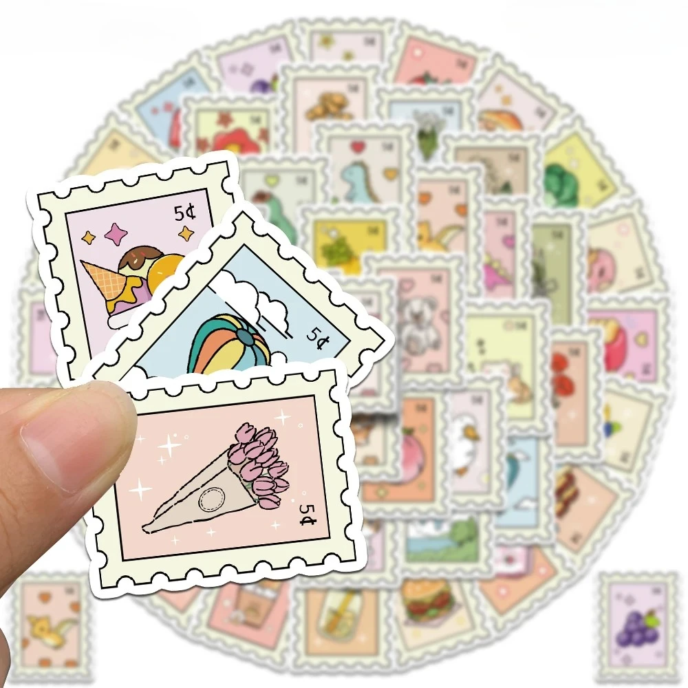 50pcs Stamp Style Cute Cartoon Stickers Vinyl Decals Water Bottles Laptops Journals Scrapbooking and Daily Aesthetic Decoration