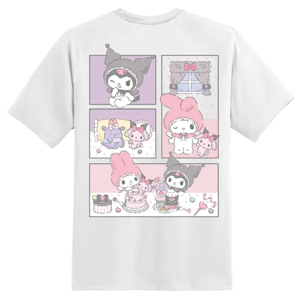 My Melody Kuromi T Shirt Sanrio Cartoon Comic Strip Back Print Short Sleeve Cotton Casual Tees for Women