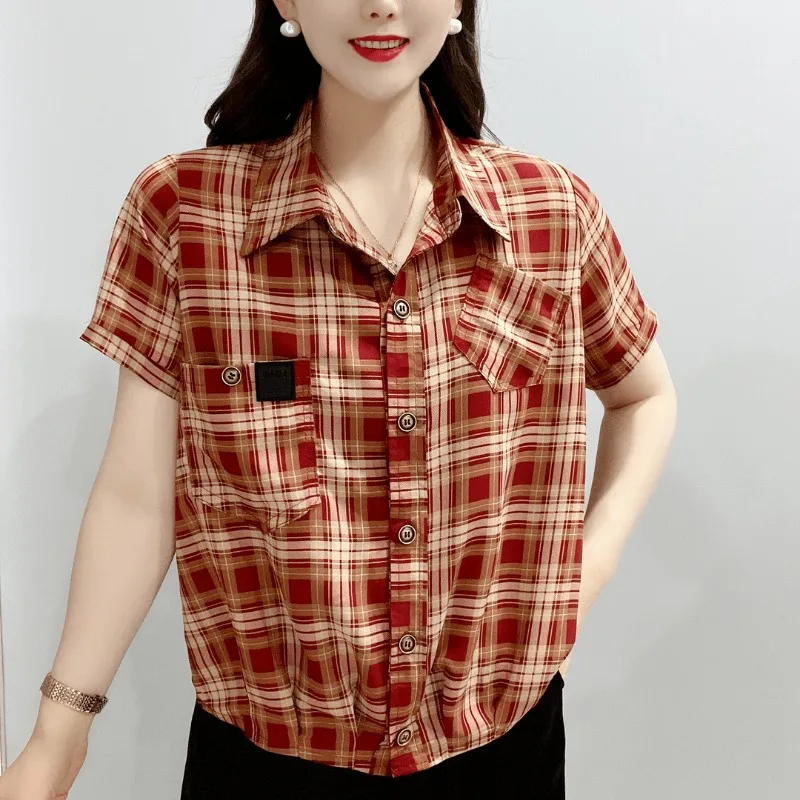 Ropa de mujer, camisa a cuadros clásica Vintage elegante de verano, blusa sencilla informal de manga corta con bolsillos de solapa, Tops holgados que combinan con todo