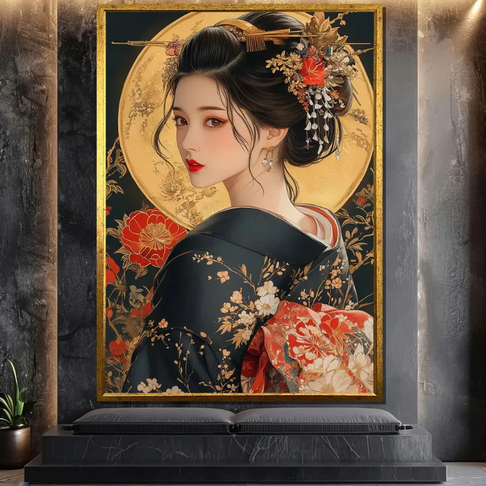 

Japanese Woman in Black Kimono Diy Diamond Painting, Golden Floral DIY Diamond Art, Elegant Asian Portrait Decor, Gift for Room