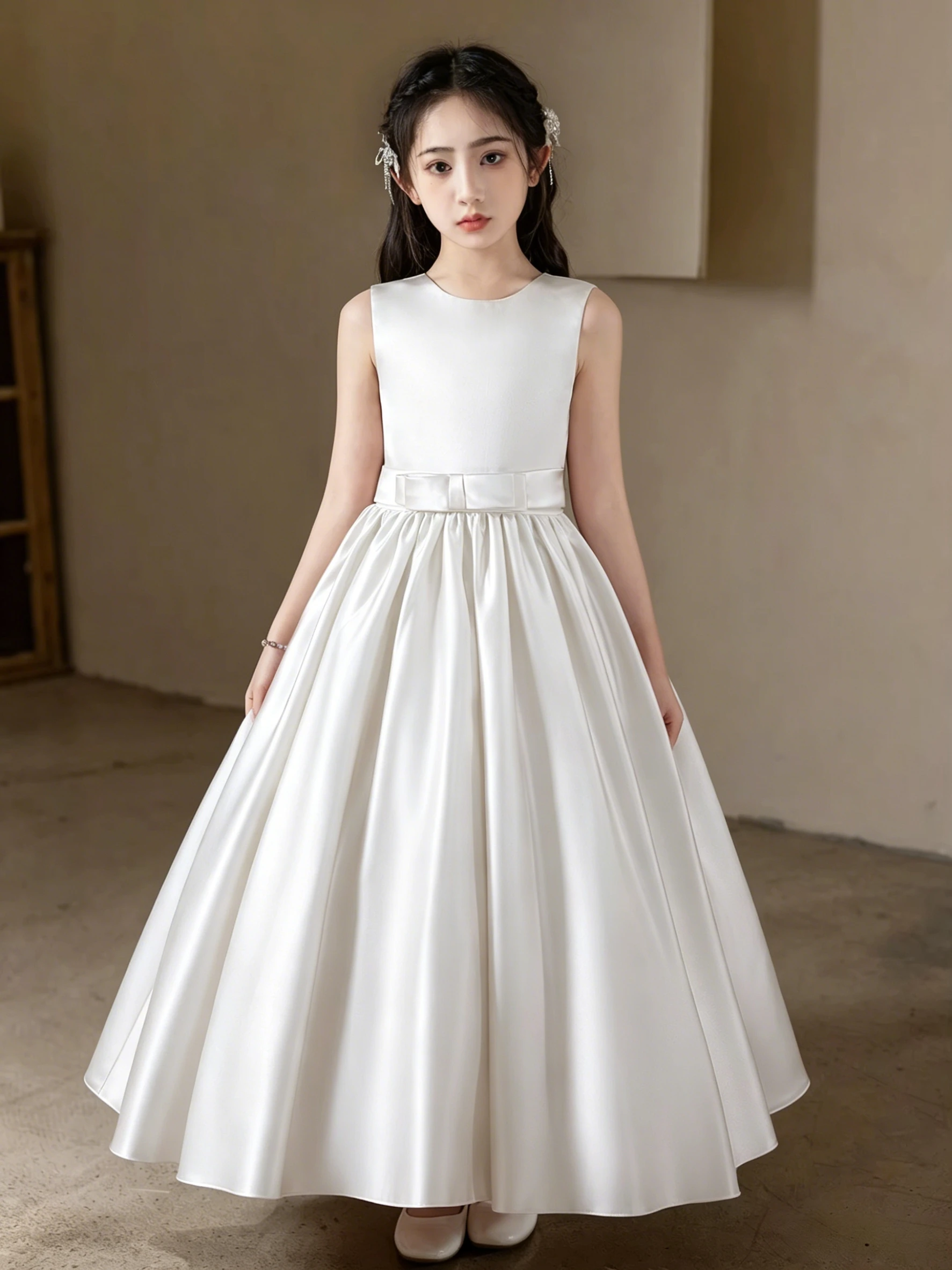 Kids Sleeveless Satin Flower Girl Maxi Dress V Back Bow Waist Long Gown Girls Birthday Piano Recital Formal Evening Dress