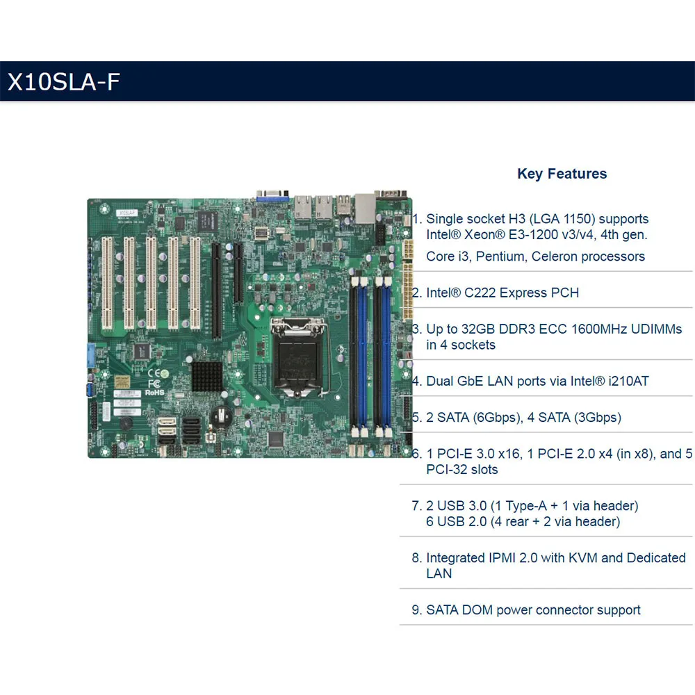 X10SLA-F dla płyty głównej Supermicro Server ATX LGA 1150 Intel C222 obsługa E3-1200 v3/v4 DDR3 PCI-E 3.0 100% testowane szybka wysyłka