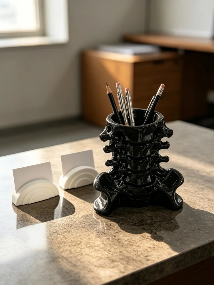 Spine and Pelvis Anatomical Pen Holder with Business Card Holder Combo Set, Human Spine Skeleton Anatomical Model, Petg Matte Black Solid Plastic, Gothic Dark Aesthetic Quirky Desktop Storage Item, Pencil Holder, Pen Cup, Stationery Storage Box, Suitable as a Gift for Orthopedic Surgeons, Medical Students, Chiropractors, Gothic Style Room and Office Desktop Decoration Ornament, Halloween Gothic Style Room and Office Desktop Decoration Item