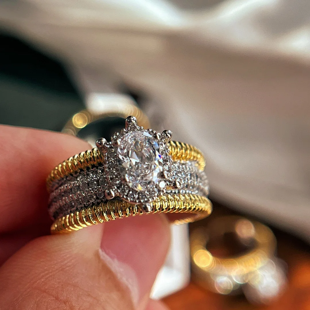 Italian retro brushed craft ring inlaid with high carbon diamond temperament niche design versatile oval woman