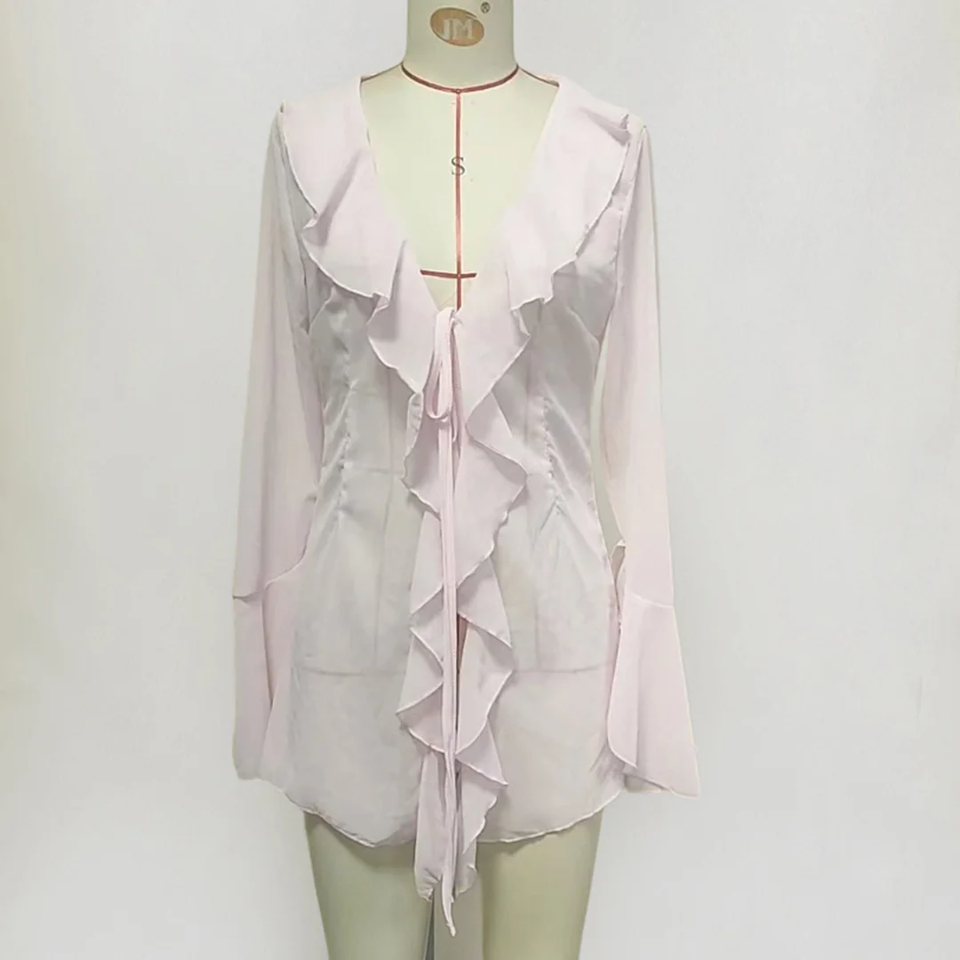 2026 Langarm V-Ausschnitt Rüschen-Strickkleid mit Durchsicht, Strandtunika, Damen-Strandkleidung, Strandbekleidung, Strand-Cover-up, Damen-Cover-ups V6992 – Detail 10